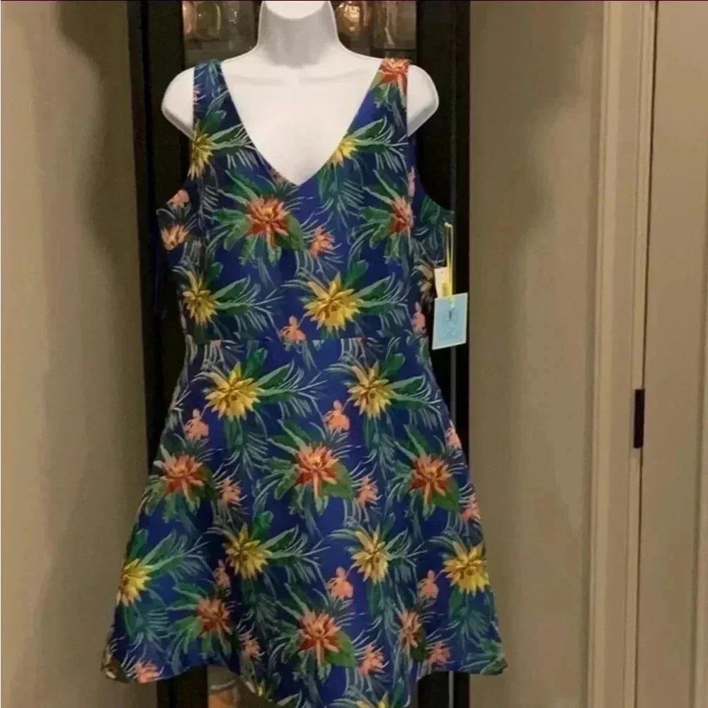 CECE BLUE HAVANA FIESTA TROPIC NIGHT V neck dress SIZE 14